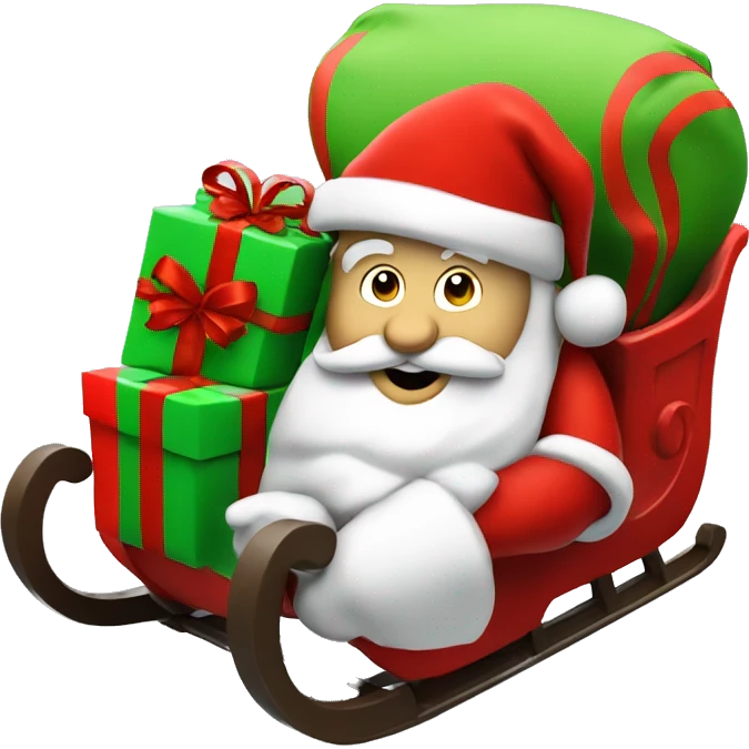Santa in red sleigh, green sack of gifts, fun and festive emoji