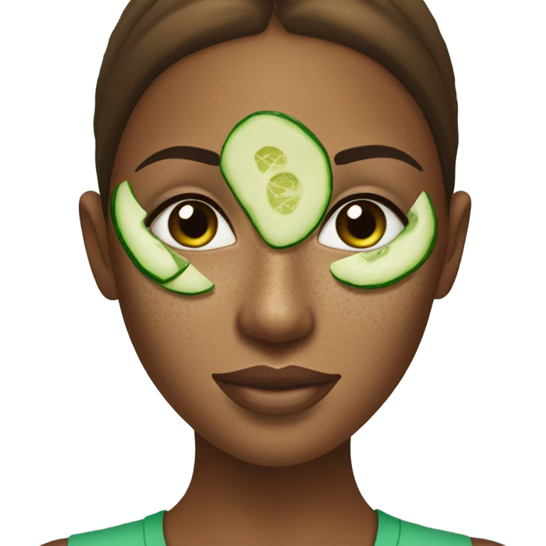 Girl with freackles Brown hair white skin Tone and blue eyes wears Green skin care mask while She relaxes and cucumber on her closed eyes emoji