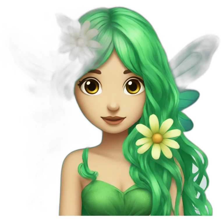 long green hair fae dress with wings sitting on flower emoji