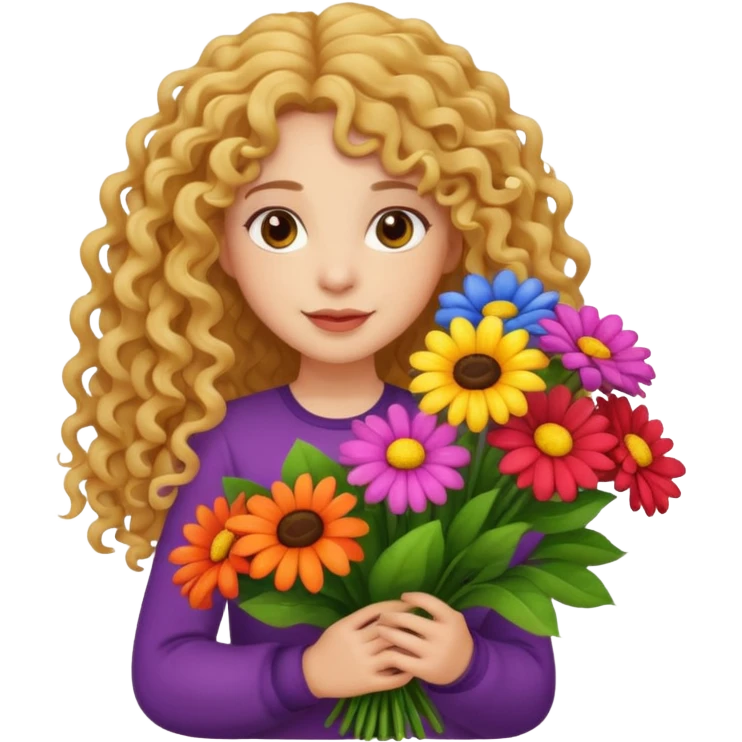 light skinned long curly haired girl holding big bright bunch of flowers. White background. emoji