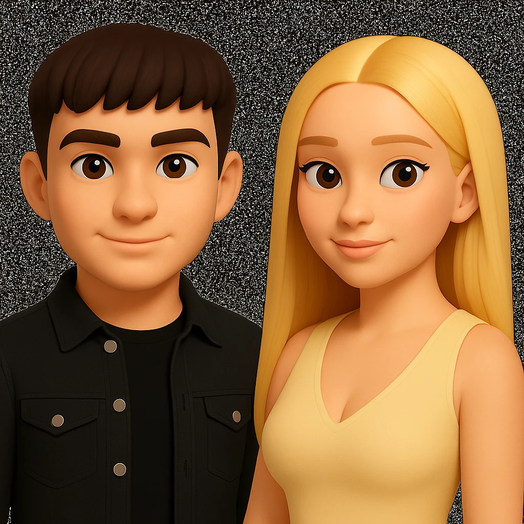 Slightly increase the volume of the upper body of the girl, separate the girl and the boy from each other, and make the skin color the same for both. Maintain the cartoonish 3D style in the edit. emoji
