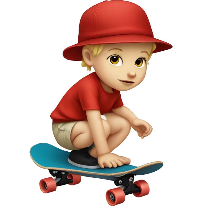White baby boy wearing a red hat on a skateboard emoji