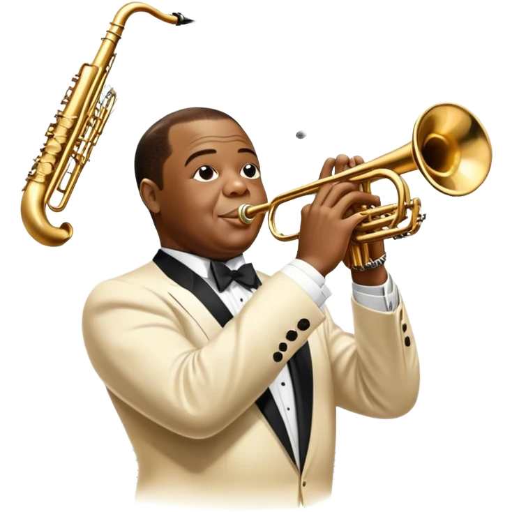 Icon for Jazz Music: Louis Armstrong with his trumpet in front of a jazz orchestra. Include musical instruments like a saxophone, trumpet, and piano, with floating musical notes around. The design should capture the smooth and soulful vibe of jazz. Transparent background. emoji