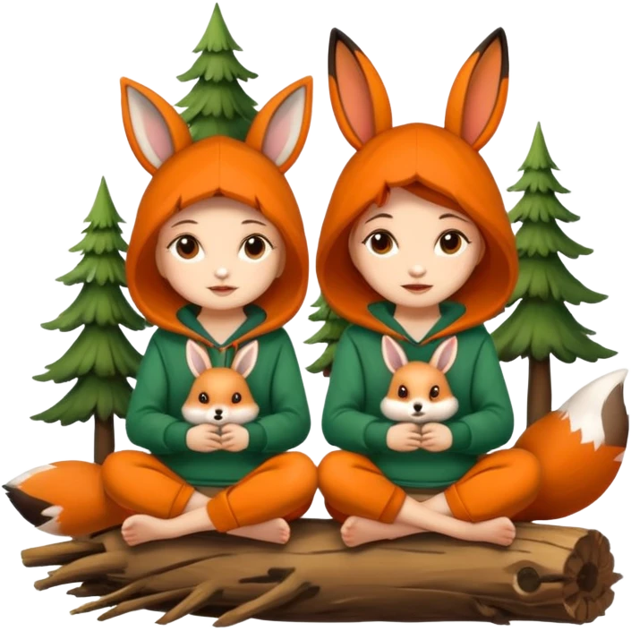 two forest women with cute fox and rabbit hoodies sitting together on log emoji