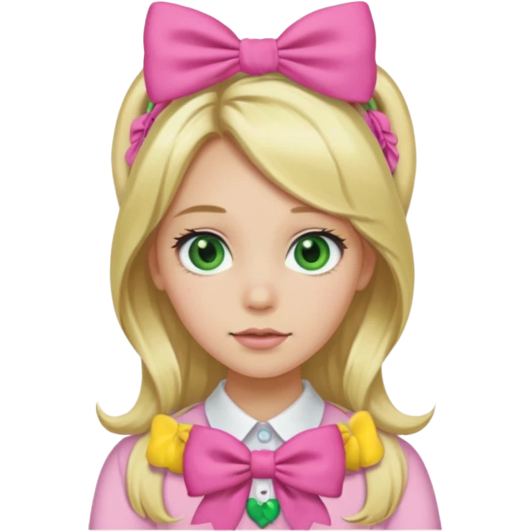 blonde girl long hair middle part, green eyes, pink bow and scrunchie emoji