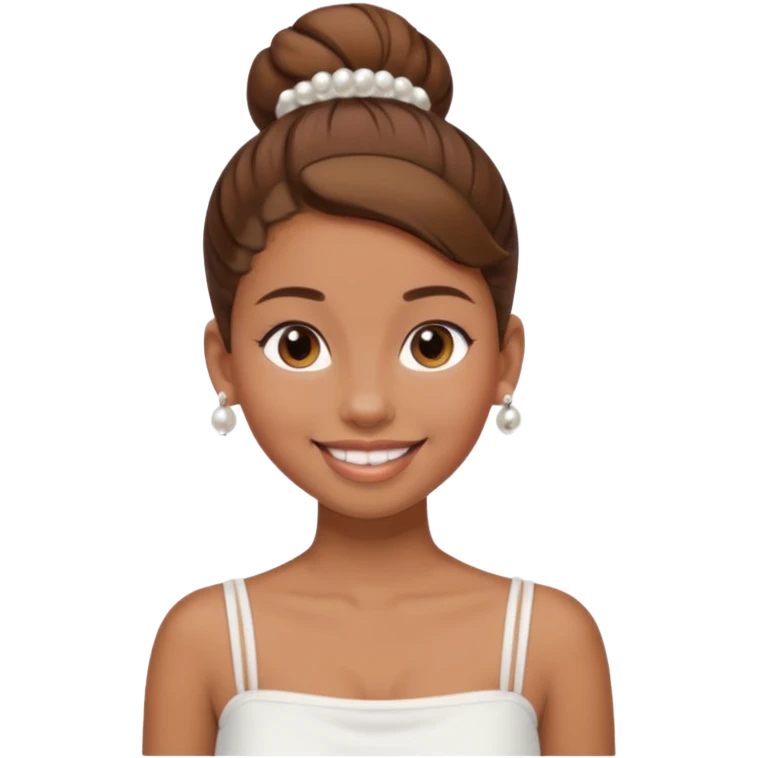 Light brown skin girl, brown hair in bun, smiling, white tube top, pearl earrings emoji