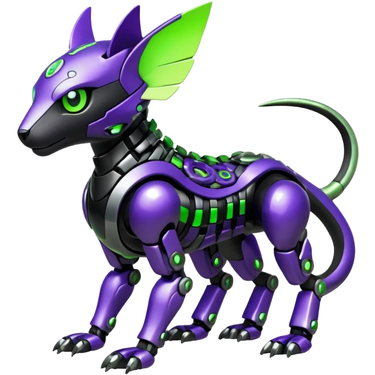 Futuristic mechanical cyborg modern badass cool shiny metallic alloy black-obsidian purple neon-green white lime animal hybrid Fakemon full body with intricate patterns emoji