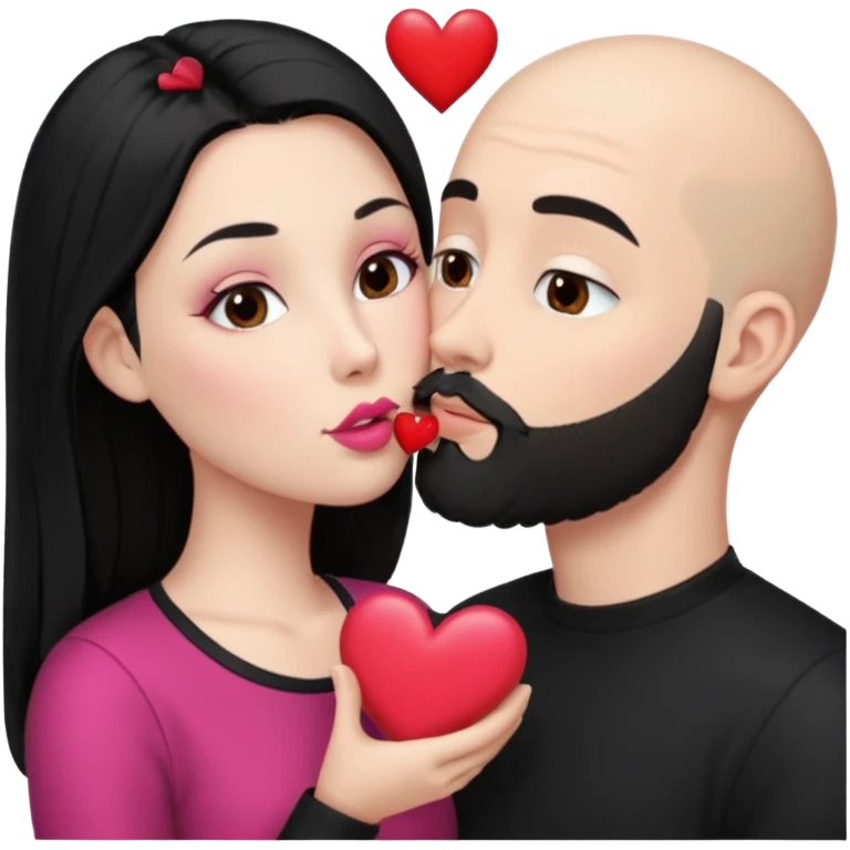 👩🏻‍❤️‍💋‍👨🏻 this one but the man should be bald. white woman with long black hair and white bald young man whoitiut hair and a heart between their heads. she has pink lips and both have brown eyes. he has e full beard but short. both wear black. they kiss slowly emoji