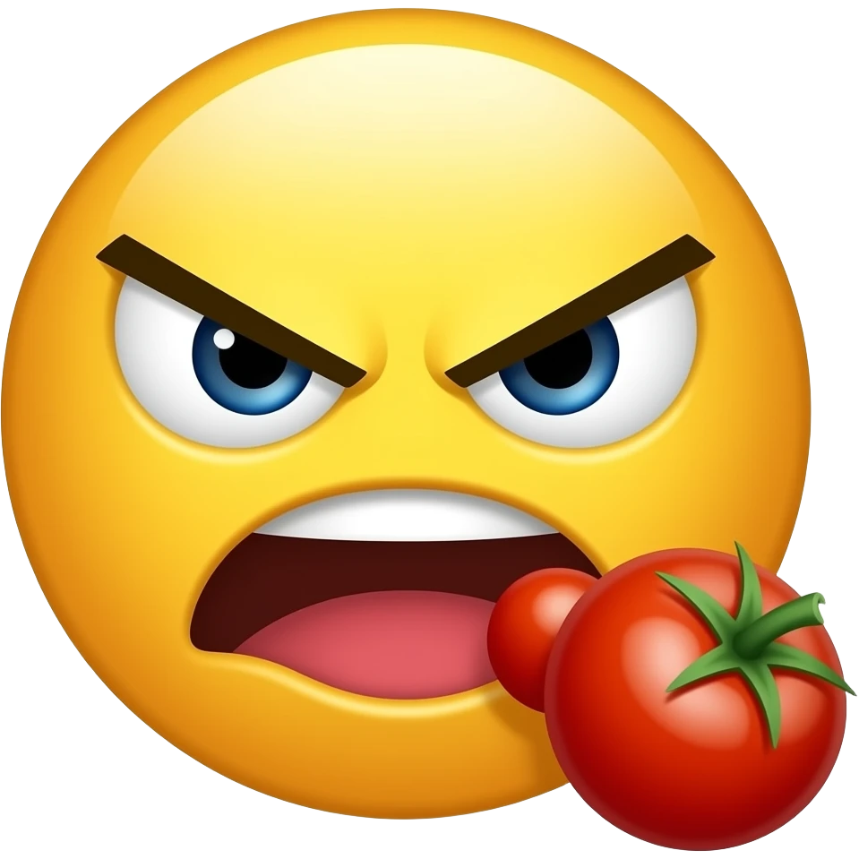 Angry yellow smiley throwing tomatoes at you like they're booing you emoji