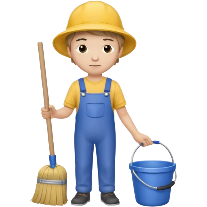 Boy in cleaning clothes, holding a broom and a bucket emoji