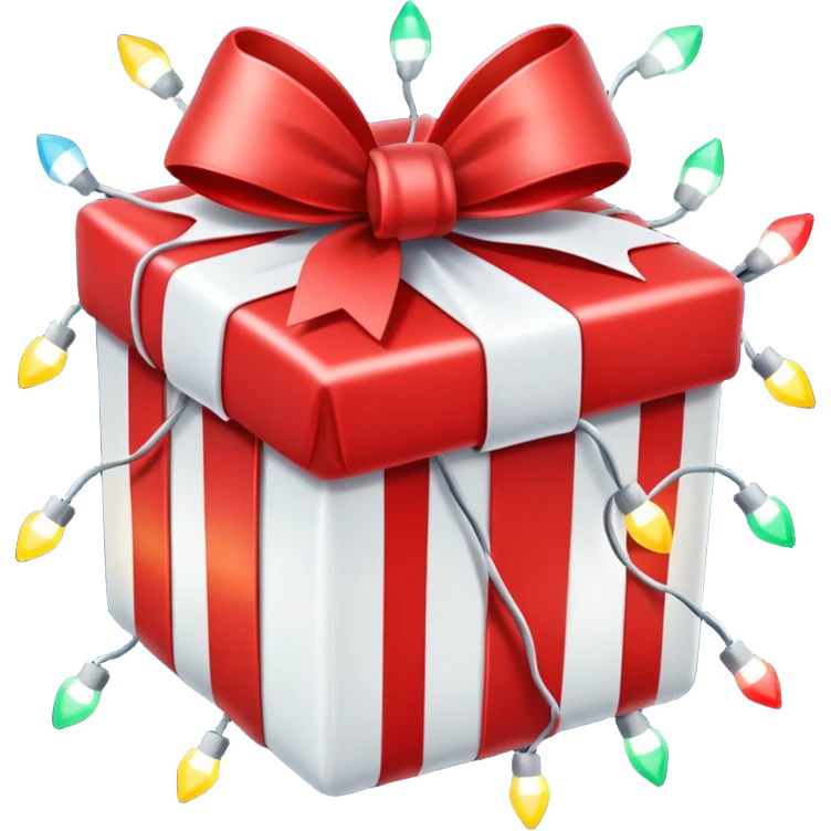 red and white christmas present with Christmas lights emoji