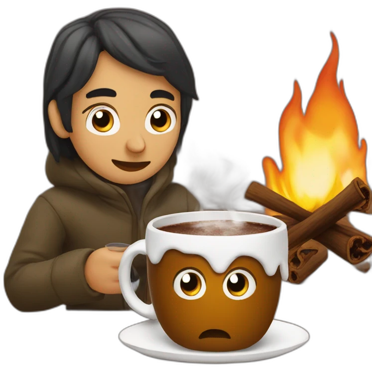 Zemmour drinking hot chocolate around a fire emoji