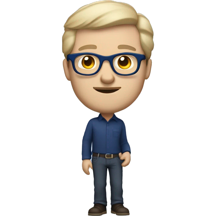 caucasian white man with dark hair, blue glasses, and carrying design plan because he is an architect and a pencil and a set model maquette. wearing a navy blue long sleeve shirt. smart.  emoji