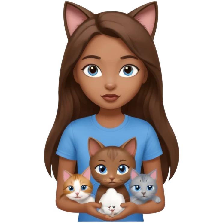 a pretty bratz dusky girl with long brown hair, blue eyes with six cats nd wearing a grey tshirt emoji