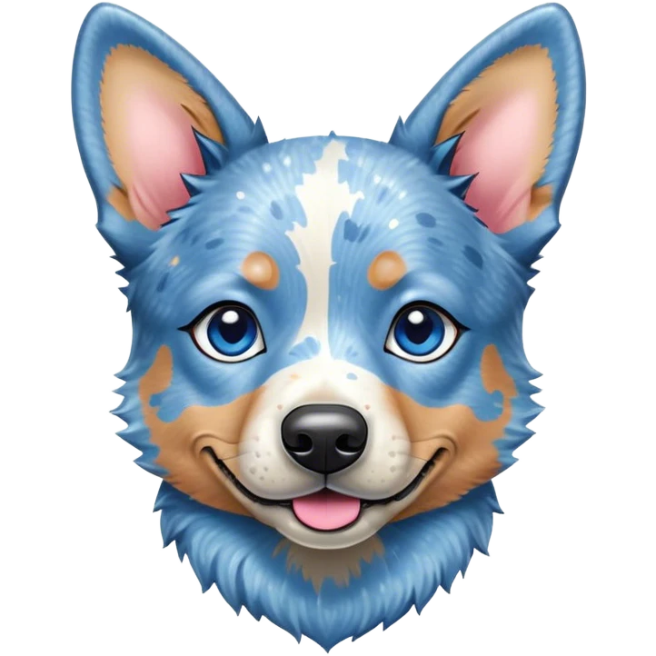 Cinematic Cute Blue Speckle Australian Cattle Dog Portrait Emoji, Head tilted playfully and inquisitively, featuring a vibrant blue speckle Fur with dynamic patterns, round, sparkling blue eyes filled with curiosity, Simplified yet irresistibly adorable features, highly detailed, glowing with a warm, friendly glow, high shine, affectionate and energetic, stylized with a touch of whimsy, bright and endearing, soft glowing outline, capturing the essence of a mischievous yet loving pup, so playful it feels like it could bound out of the screen and into your arms! emoji