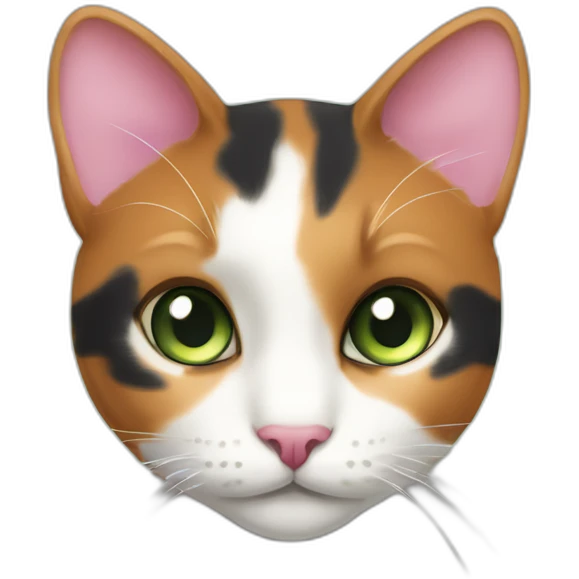 young striped calico cat face with a pink nose, white chin, green eyes, and orange/brown markings emoji