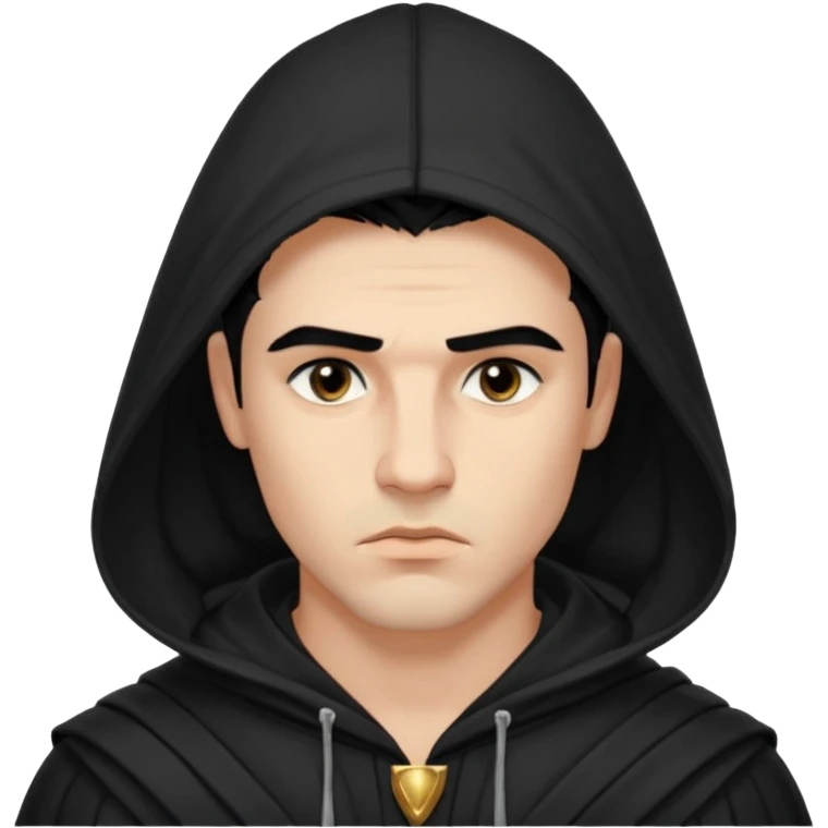 A handsome man with fair complexion. masculine, roman, slightly crooked nose. Thick triangular eyebrows. Hooded eyes and black pupils.  pouty lips with a heavy top lid.  thick black hair  80/20 part with an undercut.  emoji