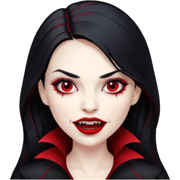 Beautiful vampire woman with long black  hair and red highlights showing fangs  emoji