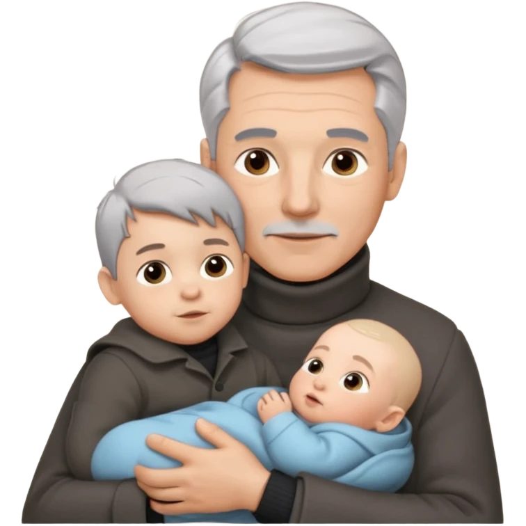 A father with silver-grey hair styled neatly and a clean-shaven face, wearing a dark turtleneck and wool coat, holding his baby emoji