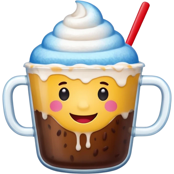 minimal LINE-style emoji of smiling shaved ice in a transparent MEGA COFFEE cup, red beans and milk drizzle on top, round eyes, chubby cheeks, happy face emoji