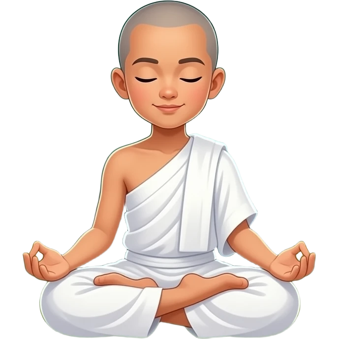 A young Thai hermit apprentice (Basic), sitting in meditation pose, small build, simple white robes, creating a temporary barrier of light, mystical forest background, card game style. emoji