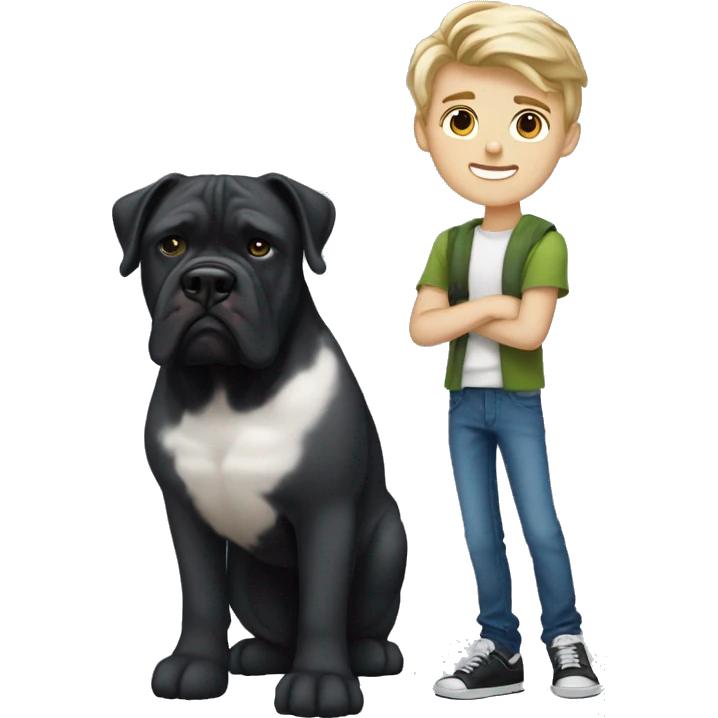 young white kid with justin beiber hairstyle standing alongside a black cane-corso emoji
