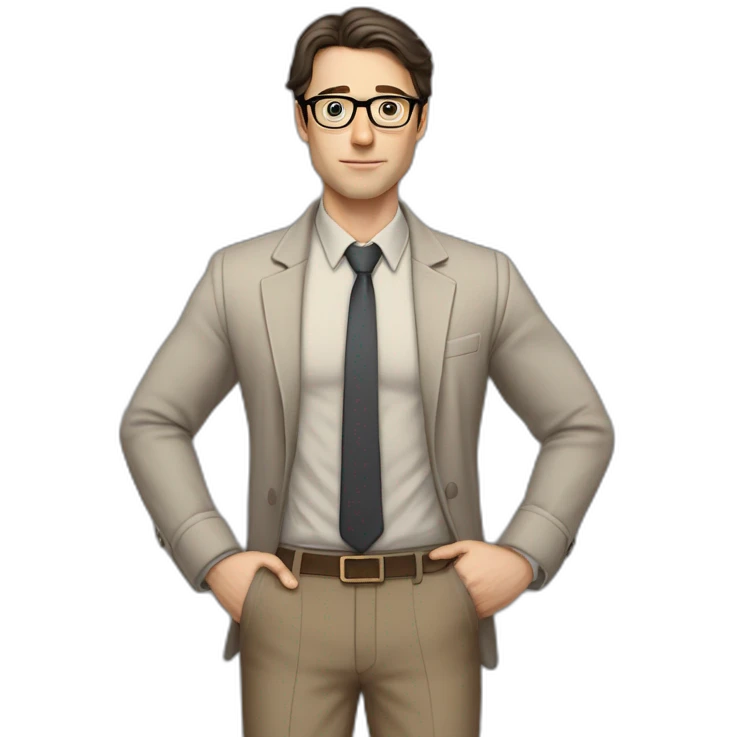 Full height Pale skinned Fit Man With dark brown hair in gray jacket, beige office shirt, tie, Brown pants and vintage glasses. Thrumbs of his palms directed up emoji