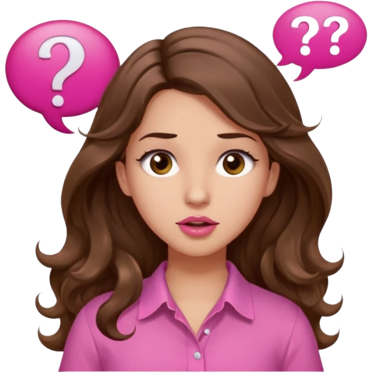 girl with long wavy brown hair, brown eyes, light to medium complexion, in a pink shirt, pink lips, long lashes, shugging, question mark one speech bubble emoji