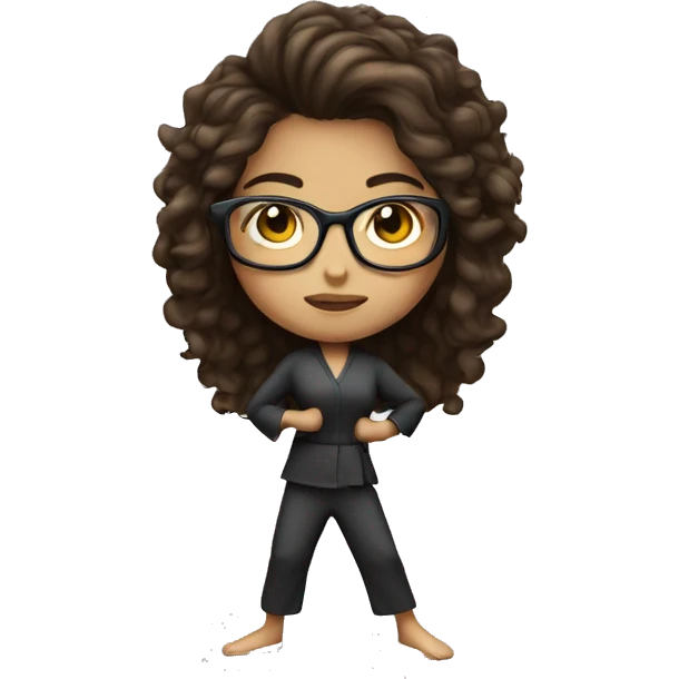 Girl doing power karate stance with glasses and long, curly, brunette hair emoji