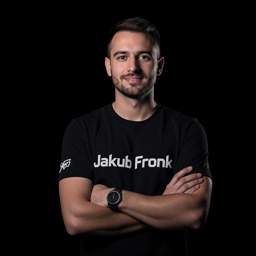 Csgo pro player profile proffesional photo, low key light back light, man standing crossed hands with tshirt with text "Jakub Fronk" black solid background emoji