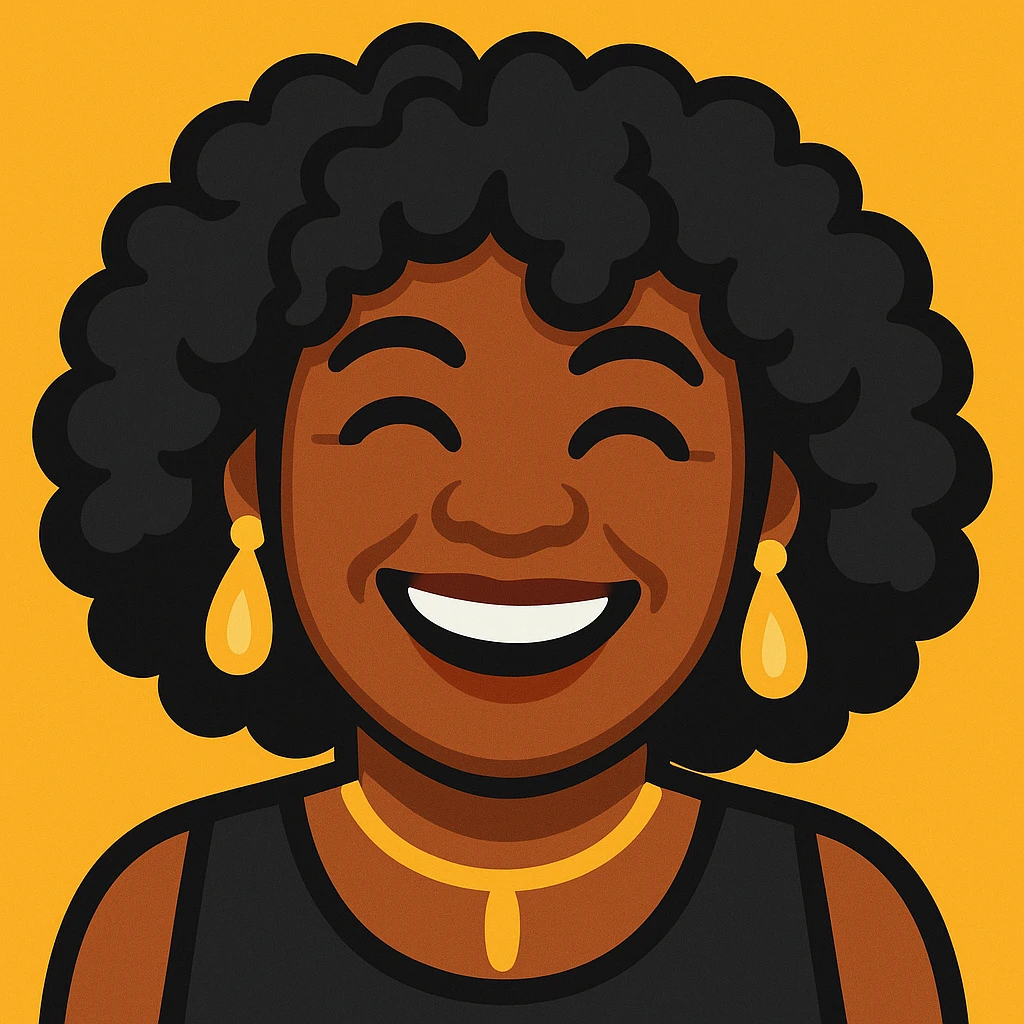 Create another emoji of this lady using a color palette of black, silver, gold, and white. Show her in a different joyful pose, with matching hairstyle and accessories in these colors, in a vibrant toon style. emoji