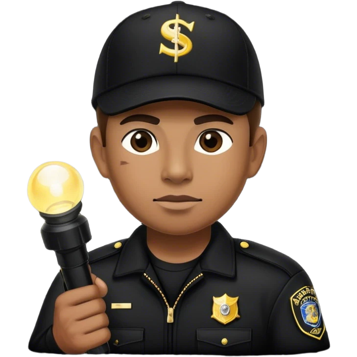 A vigilant male security guard wearing a black uniform, a baseball cap with ‘SECURITY’ embroidered on it, and a black jacket. He holds a flashlight  shining its beam forward emoji