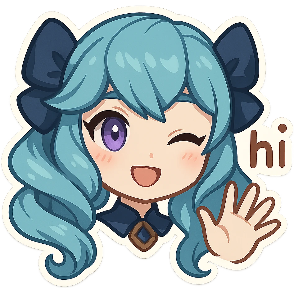 Gwen from League of Legends, hi emote, chibi style, only head, right eye purple, waving hand, sample 1 emoji
