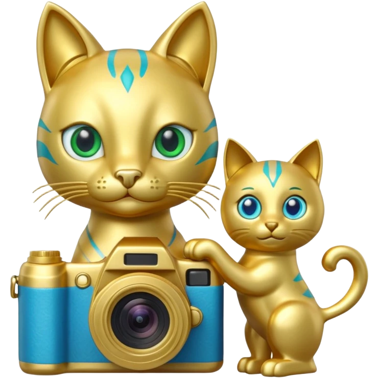 A green cat with blue eyes holds a camera and a gold horse statue  emoji