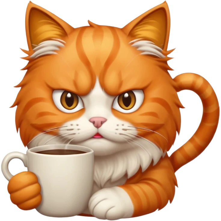 Orange cat, angry, holding coffee mug emoji