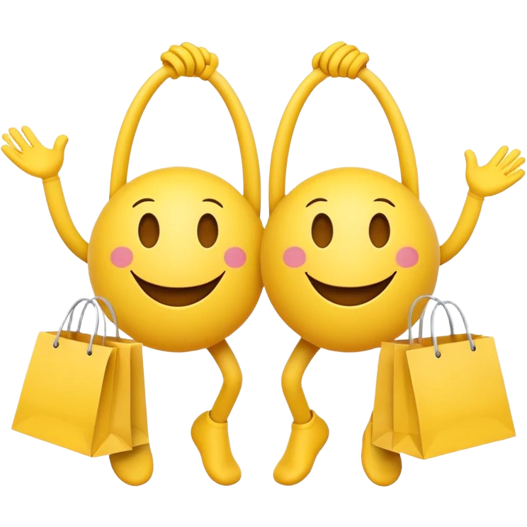 2 HAPPY SMILEY FACE EMOJI WITH HANDS AND FEET WITH SHOPPING BAGS IN EACH HAND emoji