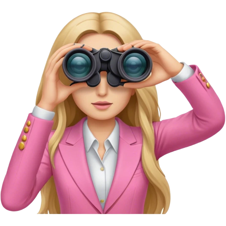woman with long hair in a pink suit looking through binoculars, front view emoji