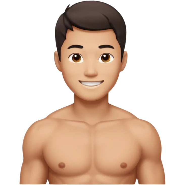 A standing buff shirtless asian guy with a really square jawline. Make his jawline extremely square and exaggerated. Also give him a middle part haircut emoji