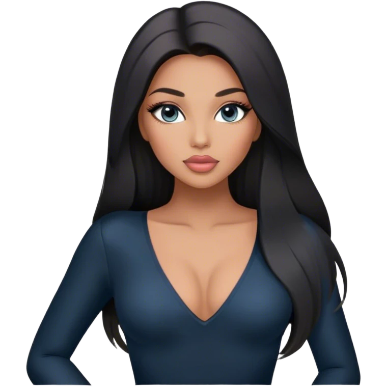 Glamours, tanned, very beautiful girl, with big pump peach-beige-rose lips, long long lashes, black straight smooth silky long hair, straight parting hair, blue-grey eyes in black long-sleeves v-neck bodysuit emoji
