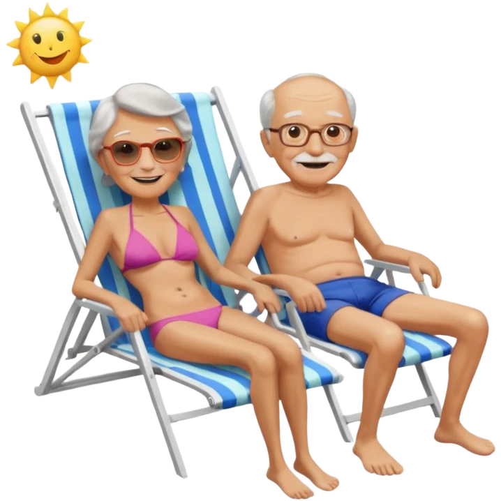 an emoji that shows elderly one very slim woman in bikini and one man with dickbauch in bath shorts, both are retired and are lying in sun-chairs at the beach to recover from retiring-stress emoji