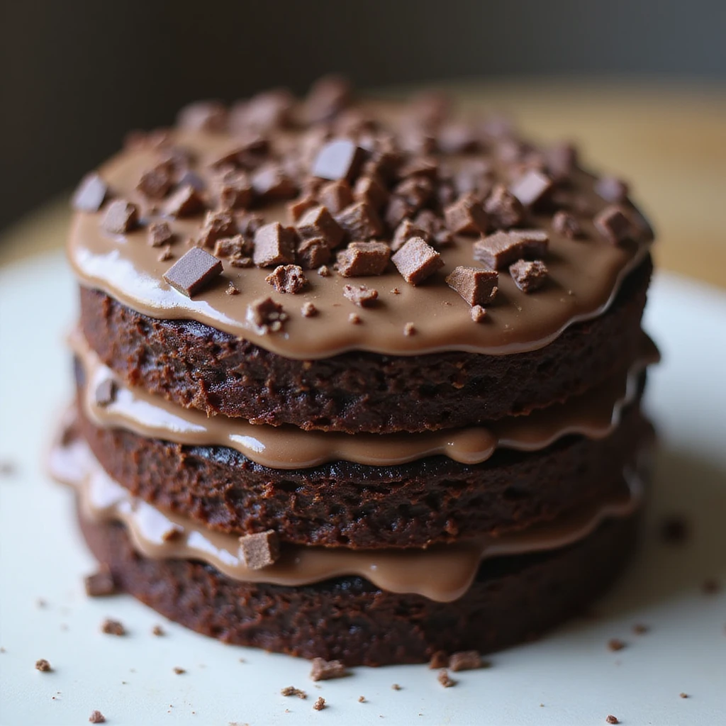 a realistic double fudge chocolate cake, whole, topped with chocolate shavings, photorealistic style, no background emoji