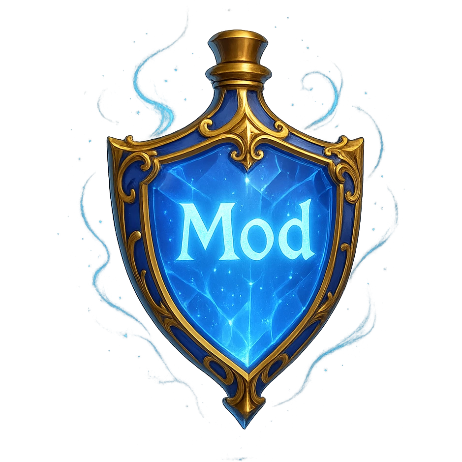 luxurious crystal elixir bottle in shield shape, color #7986cb, with inscription 'Mod', lots of glow, edges, ornaments, golden details, magical effects, very small golden neck, transparent background, beautiful seamless bottom, bottle clearly floating in air, no base or shadow, modern, fits collection emoji