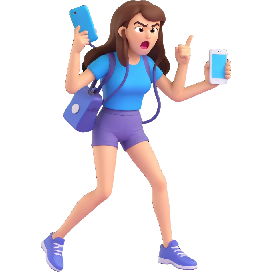 angry girl screaming at a phone, expressive, dynamic pose, clear emotion emoji