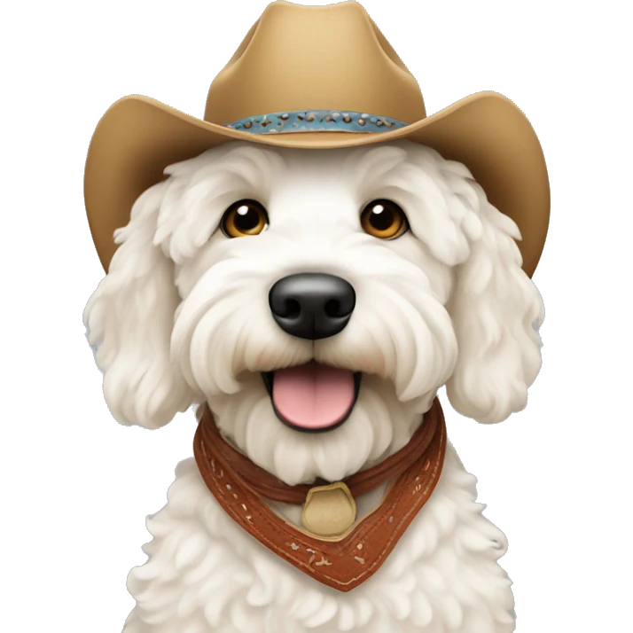 white goldendoodle wearing cowboy hat  emoji