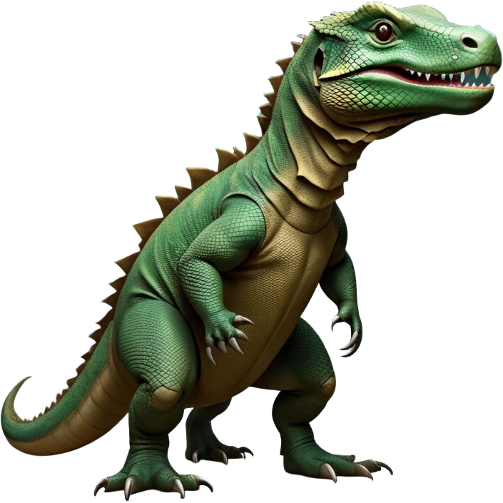 cinematic-komodo-dragon-realistic-full-body-standing-emoji,-massive-scaled-body-poised-with-quiet-power,-rough-textured-skin-dark-green-and-brown,-head-tilted-dramatically,-long-forked-tongue-flicking-out,-simplified-yet-realistic-focused-features,-highly-detailed,-glowing-with-an-almost-sarcastic-glow emoji