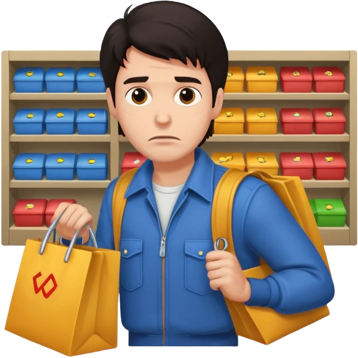 a man in 80s clothes, no mask, escaping a shop with loot, worried face, cartoon style, dark hair emoji