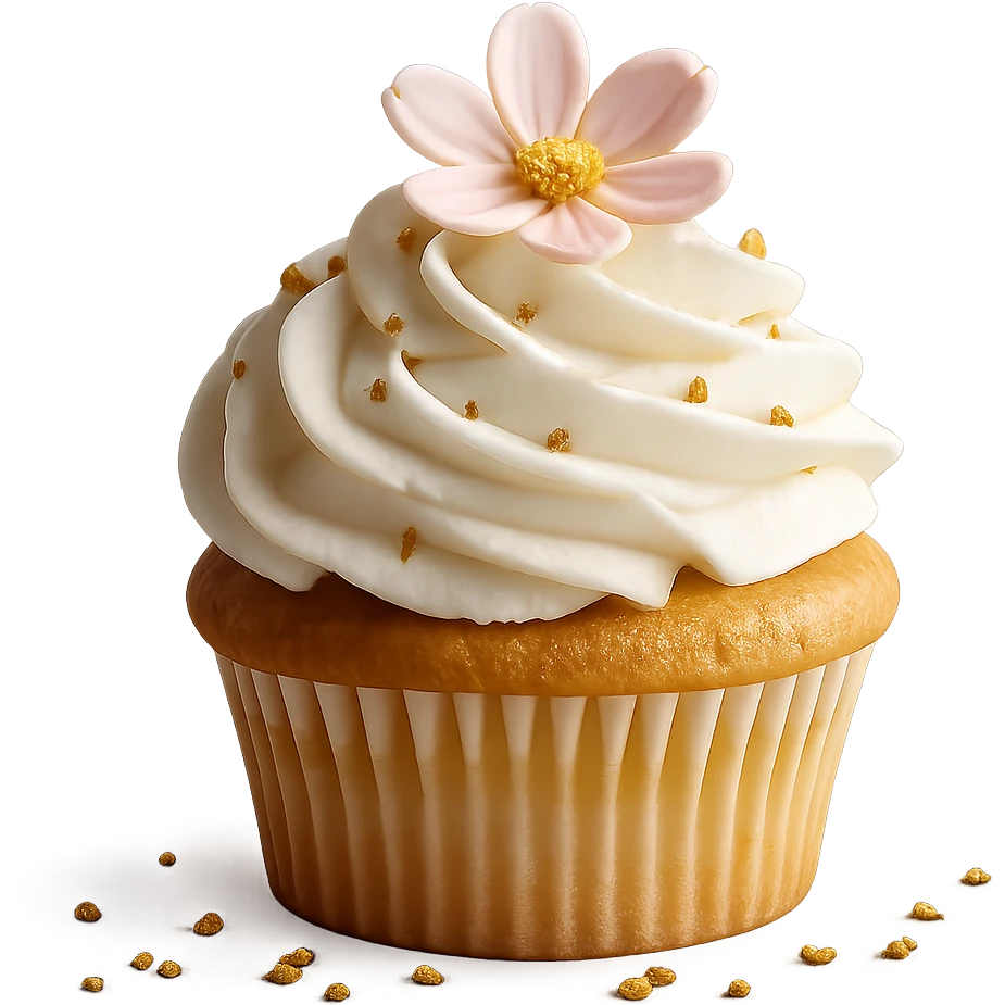 Change the icing to vanilla while keeping the realistic cupcake and accessories in a photorealistic style. Maintain transparent background. The style is photorealistic and realistic cupcake appearance. emoji