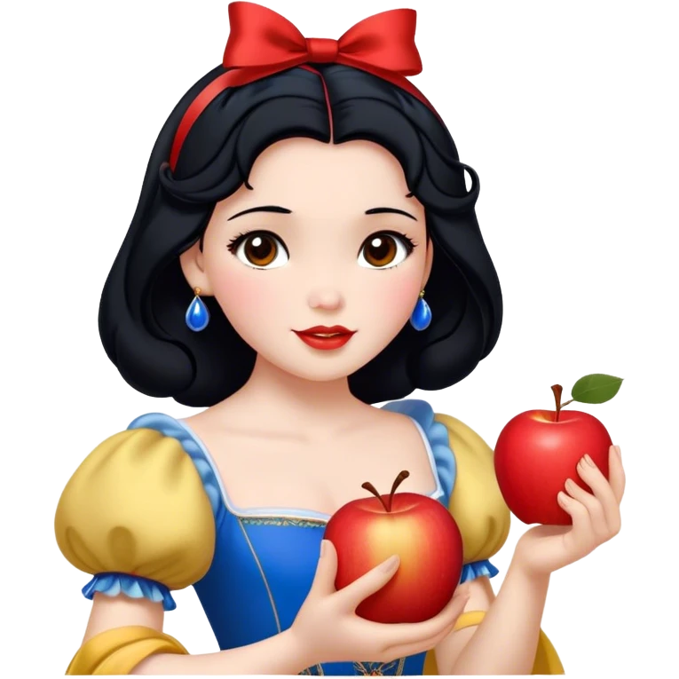 Cinematic Realistic Snow White Portrait, depicted with lifelike skin texture, soft natural lighting, and intricately detailed black hair styled with a red ribbon. Her soft brown eyes radiate innocence and kindness, complemented by a warm, gentle smile. She holds an apple in one hand, her other hand resting against her cheek, embodying her purity and charm. She is dressed in her classic yellow, blue, and red gown, the fabric rich in texture with delicate folds that catch the light beautifully. The portrait features a soft, natural glow with a radiant finish, capturing the essence of timeless beauty in a realistic and painterly style. emoji