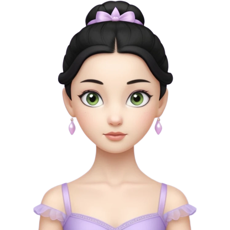 Cinematic Realistic ballerina Light Purple Portrait, depicted with lifelike skin texture, subtle rosy undertones, and soft natural lighting that enhances the gentle contours of her face. Her intricately detailed sweet black hair is elegantly styled, green eyes emoji