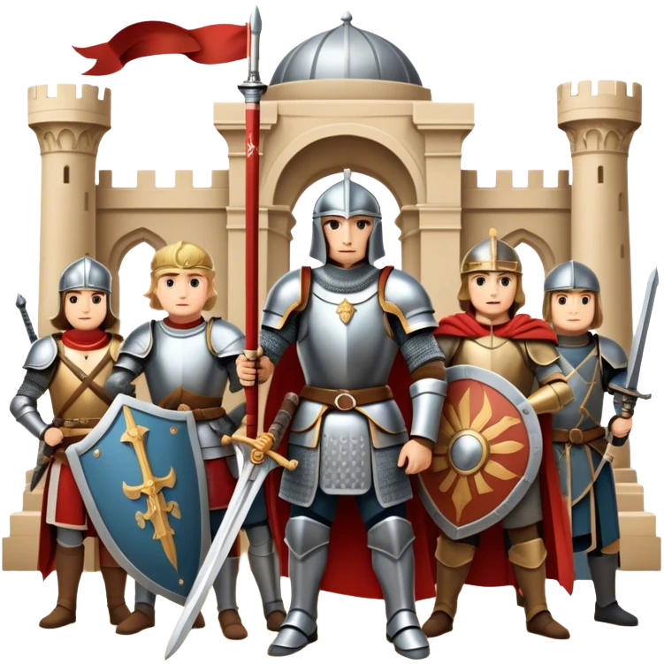 Icon for Historical Movies: A vintage movie poster-style design with elements of ancient architecture, historical figures in period costumes, and a backdrop of a historical event or battle. Include scrolls, swords, and shields. Retro cinematic feel. Transparent background. emoji